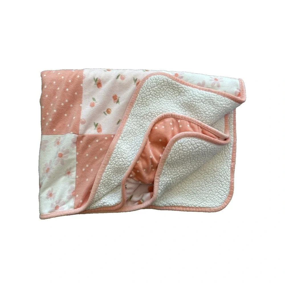 Modern Moments‎ Gerber Baby Blanket Patchwork Flowers Peach White Dots Thick